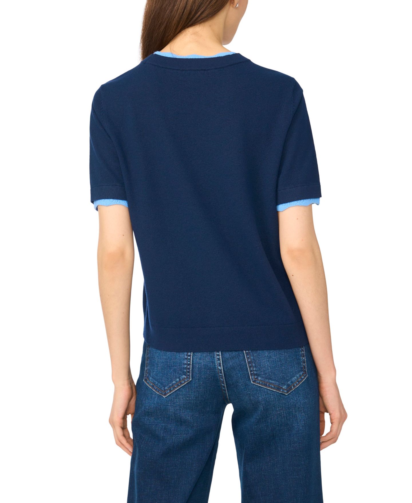 Женский свитер CeCe Scalloped-Trim Short-Sleeve Crewneck, цвет: Синий полуночный — фото 4