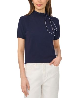 Women's Short-Sleeve Mock-Neck Scarf-Tie-Neck Sweater