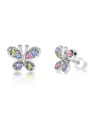 Girls Butterfly Mulit-color Crystal White Gold Rhodium Plated Screwstud Earring