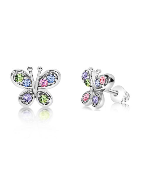 Серьги Chanteur Butterfly Mulit-color Crystal White Gold Rhodium Plated Screwstud для девочек, цвет: Серебряный