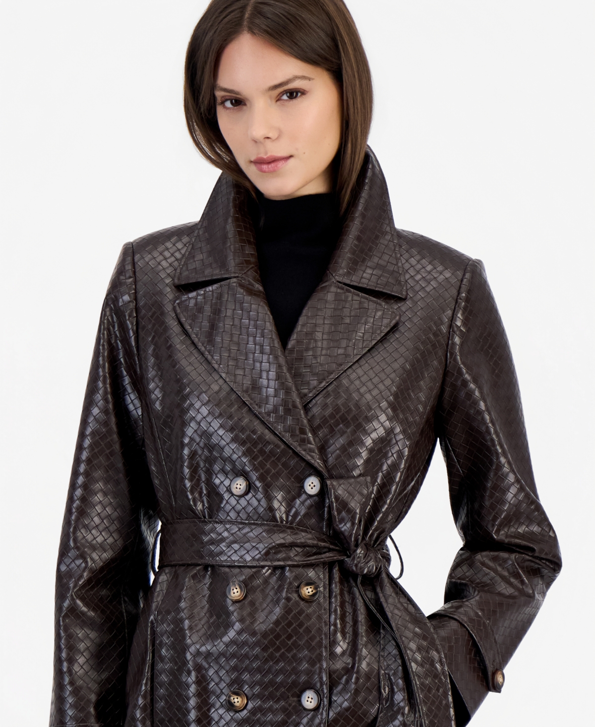 Tahari Asl Women's Faux Leather Lined Belted Trench