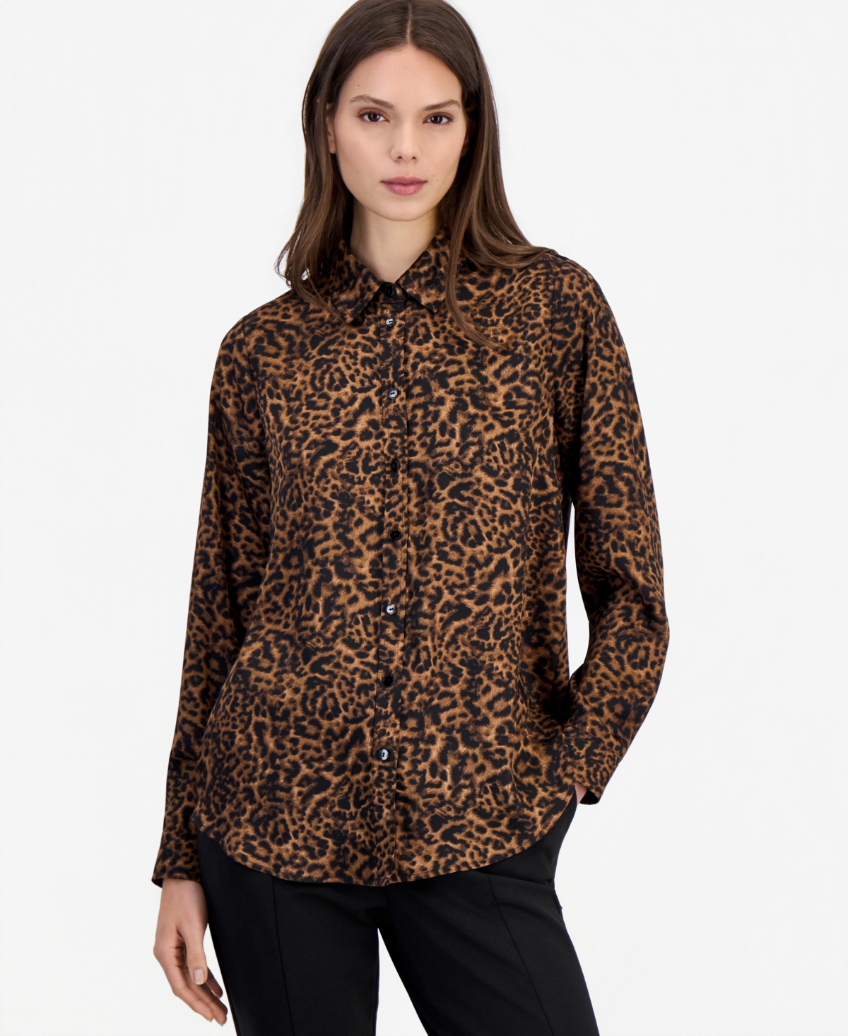 Tahari Asl Women's Long-Sleeve Leopard-Print Button-Front Blouse