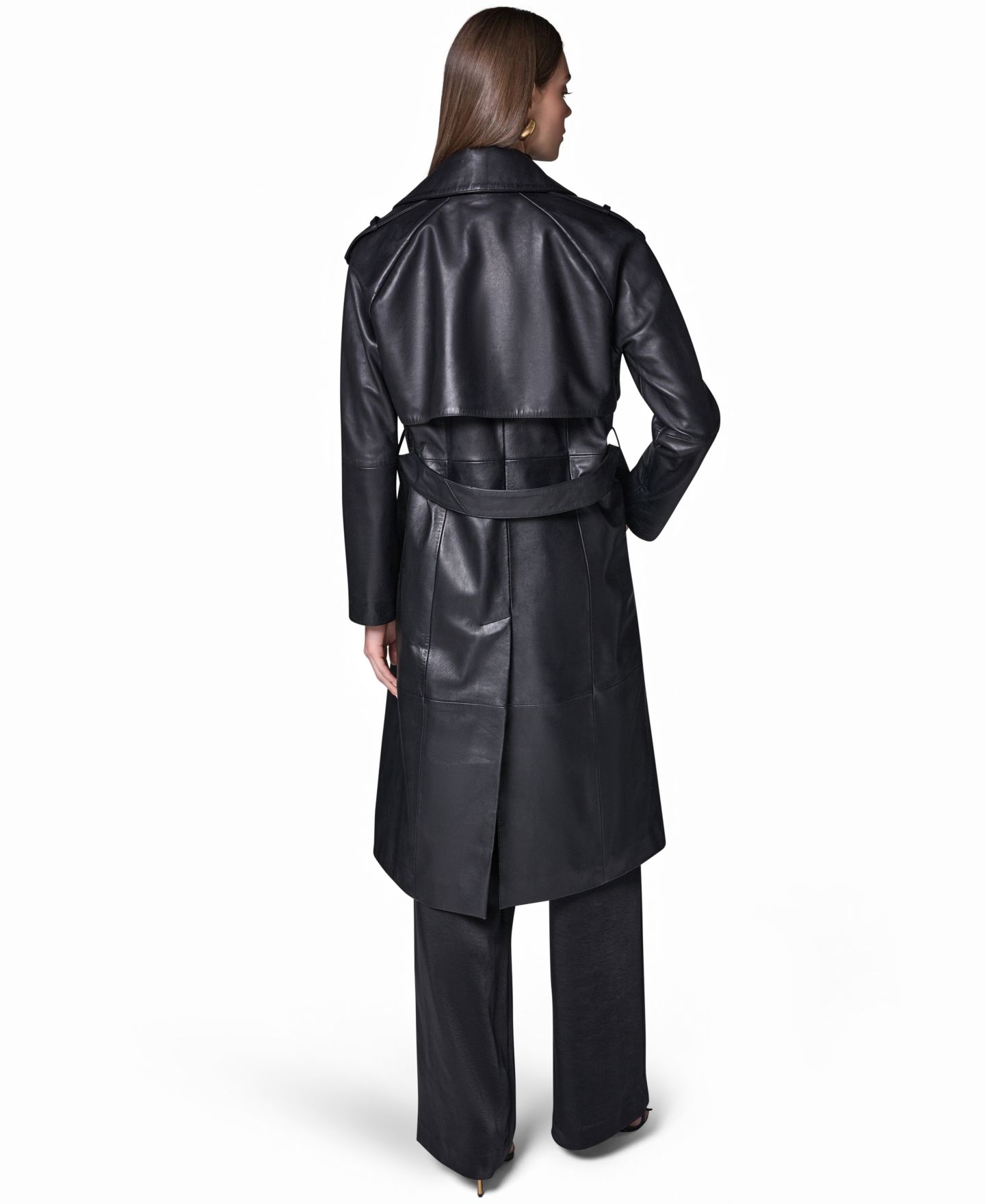 Женское пальто Donna Karan New York Double Breasted Belted Leather Trench, цвет: Чёрный — фото 4