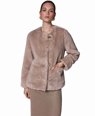 Women's Collarless Buckled Leather Coat