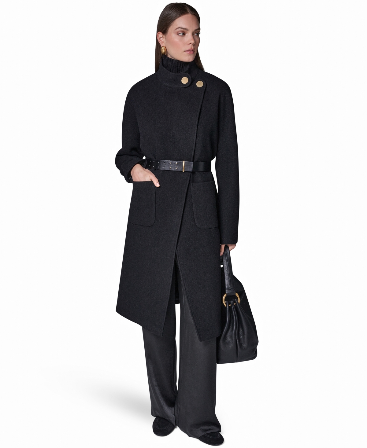 Donna Karan New York Women's Snap Closure Belted Wool-Blend Coat