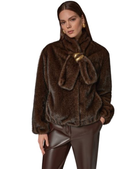 Женское короткое пальто из искусственного меха Donna Karan New York с шарфом, цвет: Шоколадный