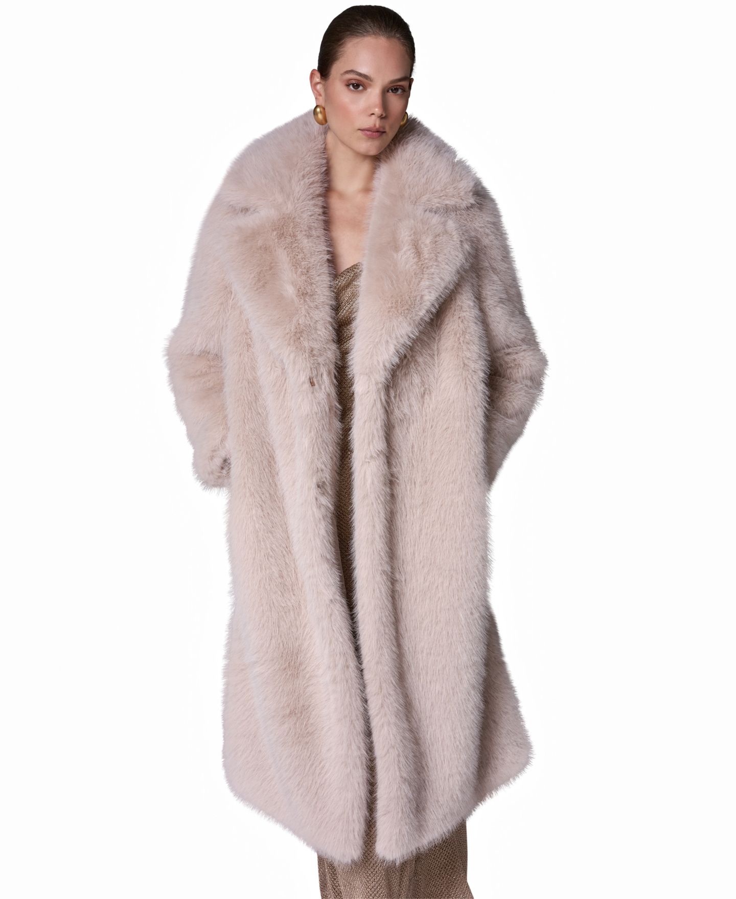 Женское пальто Donna Karan New York Maxi Collared Faux-Fur, цвет: Бежевый — фото 2