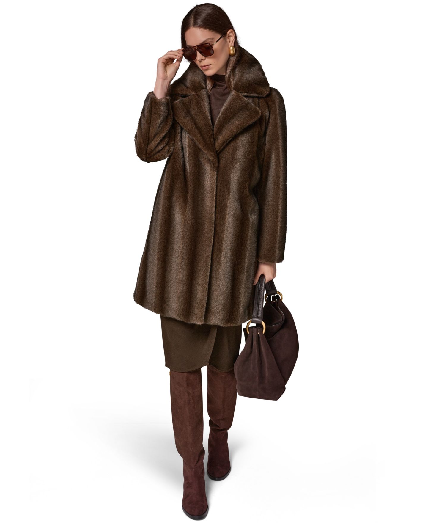 Женское пальто Donna Karan New York Notched-Collar Faux-Fur, цвет: Коричневый, вариант 1 — фото 6
