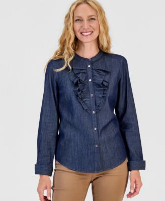 Women's Long-Sleeve Ruffle Chambray Blouse