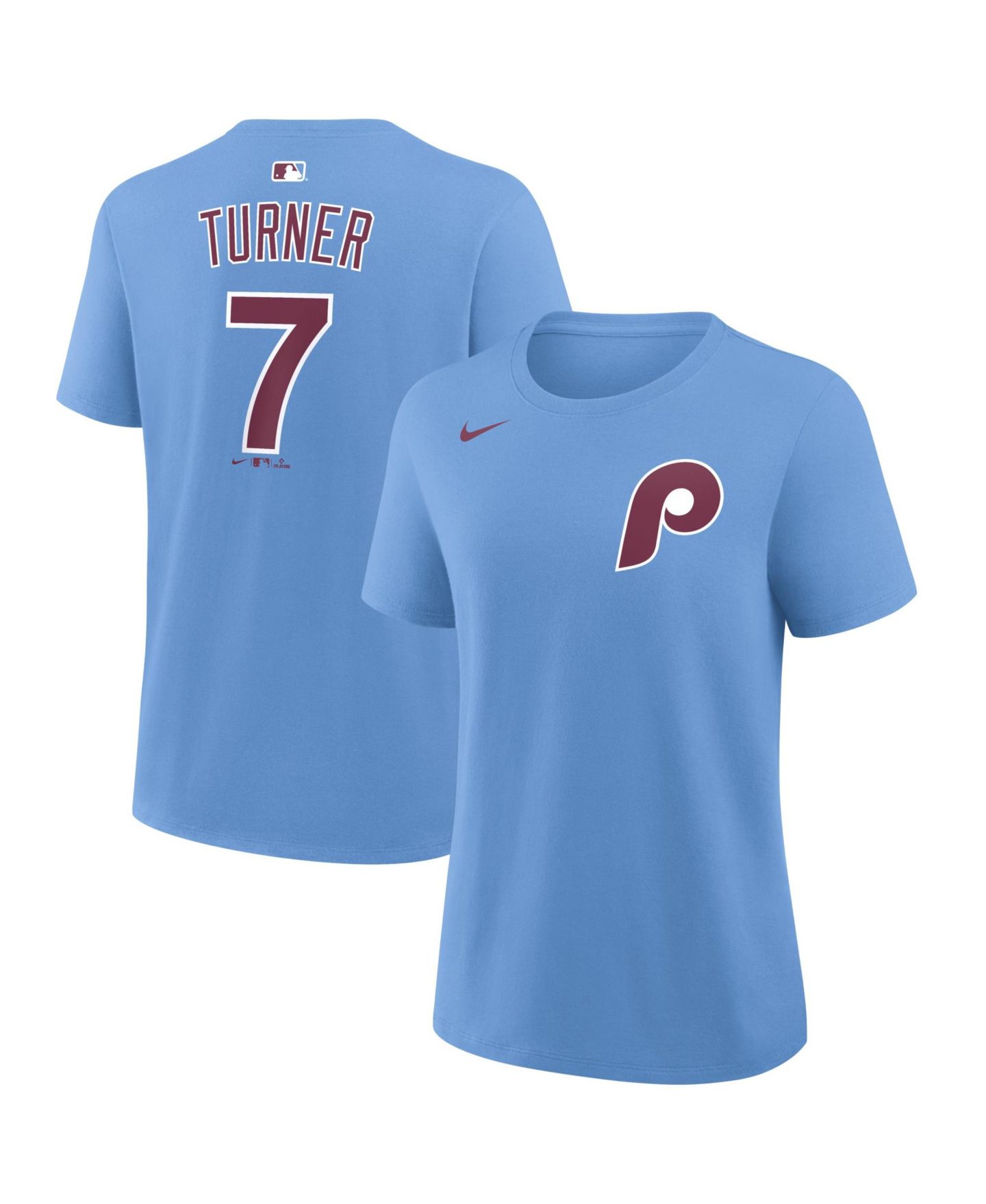 Женская футболка Nike Trea Turner Light Blue Philadelphia Phillies Name & Number — фото 1