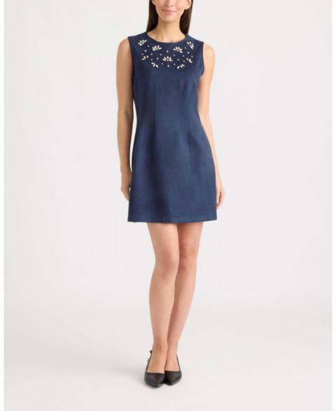 Женское платье Ellen Tracy Sleeveless Embellished A-Line Faux Suede, цвет: Тёмно-синий