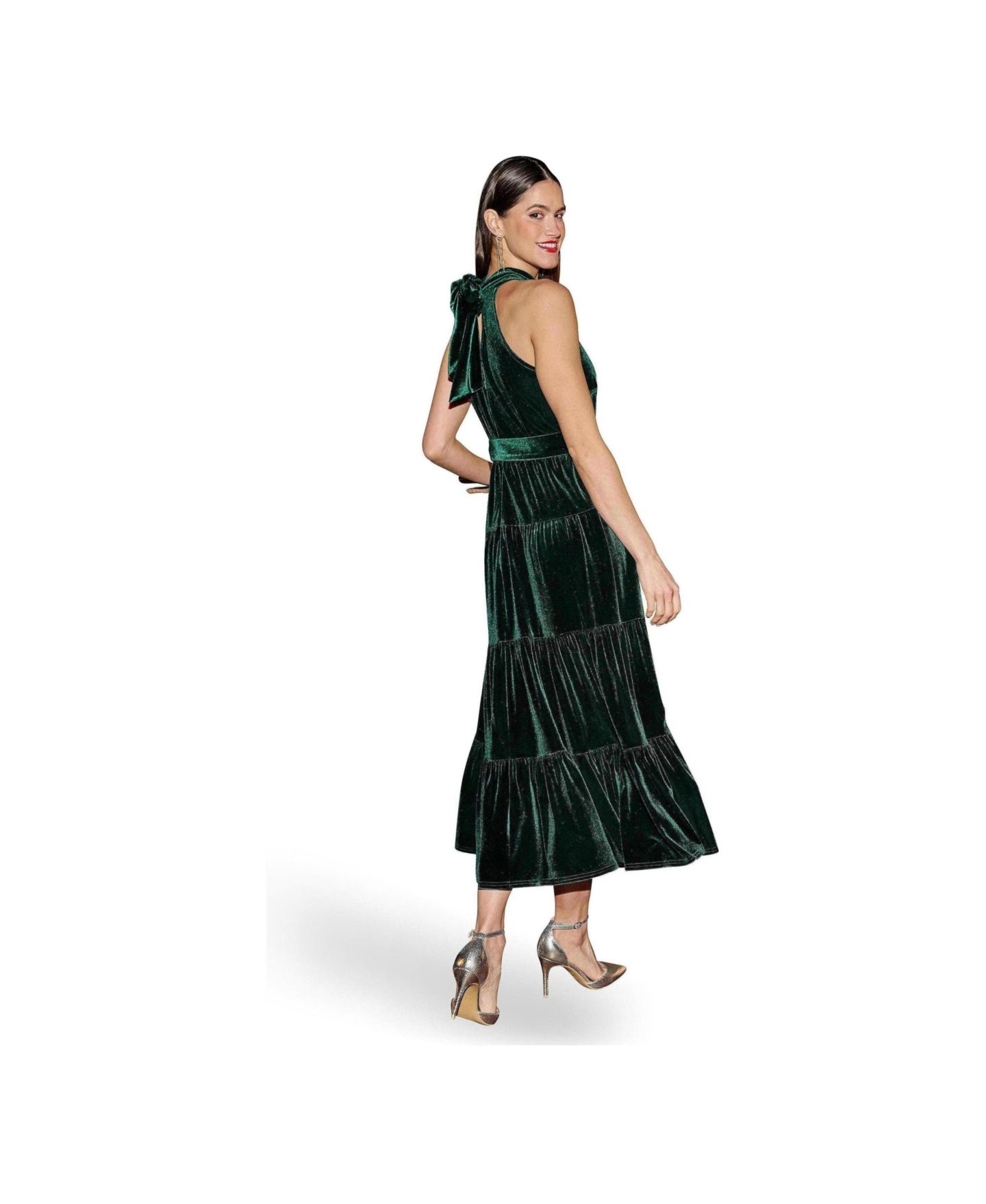 Женское платье Yumi Velvet Halter-Neck Tiered Maxi, цвет: Зелёный — фото 2