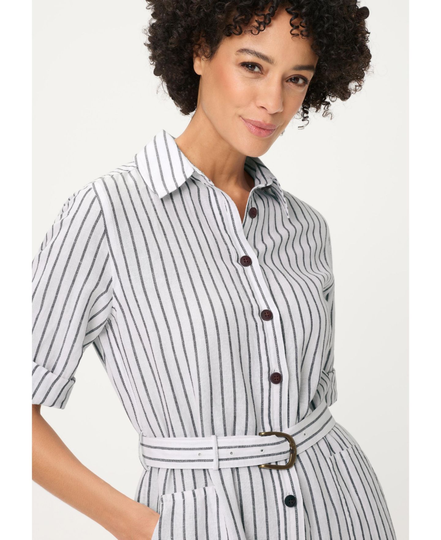 Женское платье Olsen Stripe Midi Linen-Cotton Blend Shirt Dress, цвет: Тёмный коричневый — фото 4