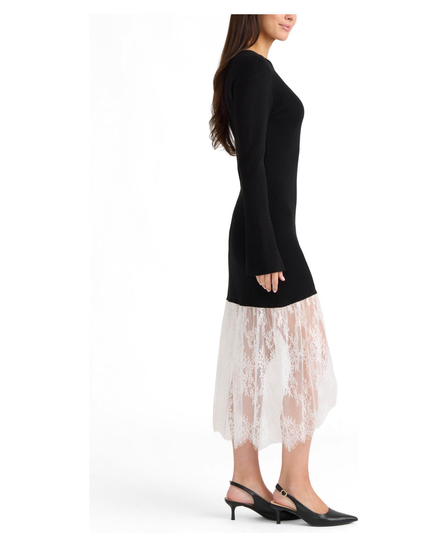 Женское платье Ellen Tracy Sheer-Lace Long-Flared-Sleeve Sweater Dress, цвет: Чёрный / Зефирный — фото 3