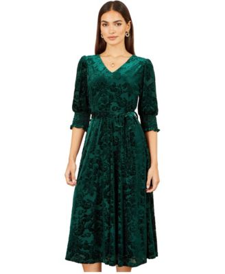 Women's Floral-Print V-Neck Velvet Midi Dress