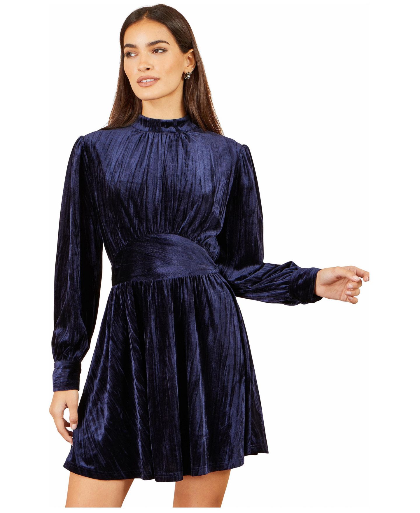 Женское платье Yumi Ruched Waist Velvet Long-Sleeve Skater, цвет: Тёмно-синий — фото 2
