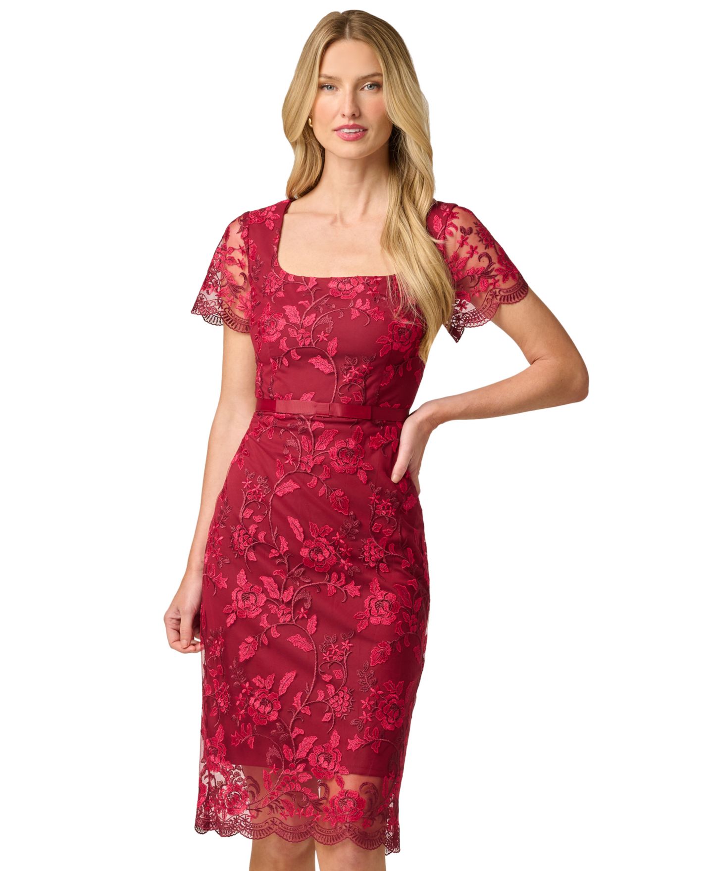 Женское платье Adrianna Papell Short-Sleeve Square-Neck Floral-Embroidered, цвет: Бордовый / Розовый — фото 3