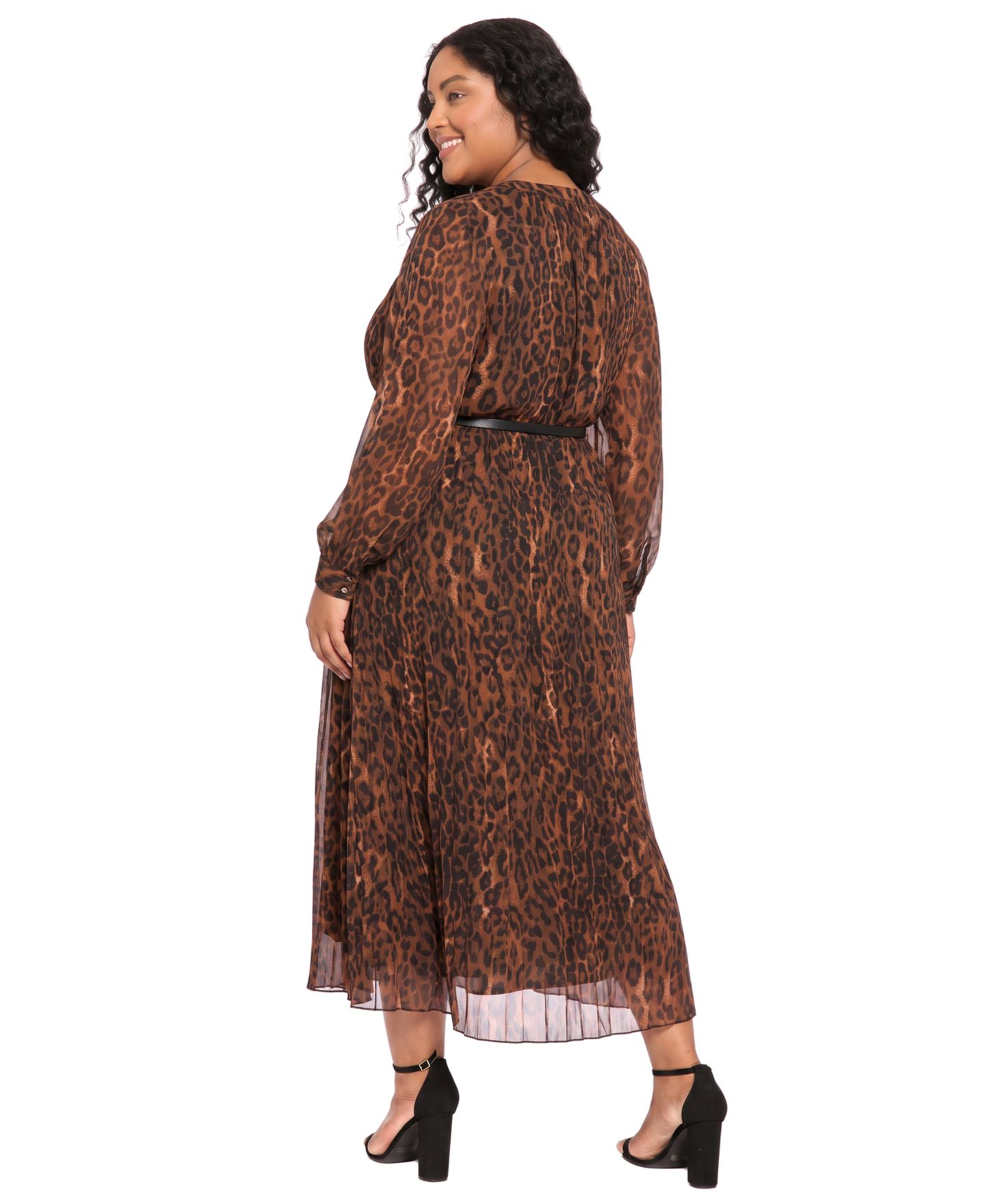 Женское платье London Times Plus Size Pleated Skirt Belted Mid Animal-Print Chiffon, цвет: Золотой / Коричневый — фото 3