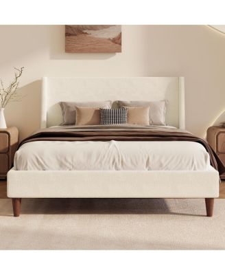 Modern Boucle Wingback Platform Bed with Walnut Legs