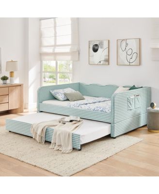 Gingham Upholstered 3-in-1 Full-Size Daybed with Trundle and Storage