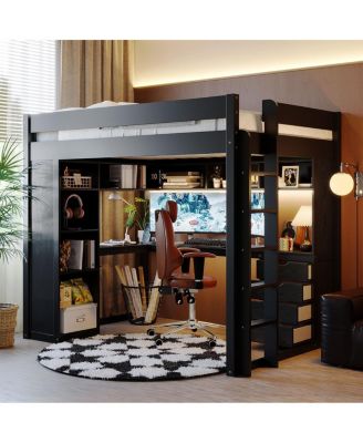   Solid Wood Loft Bed with L-Shaped Desk, Drawers, and LED Lights