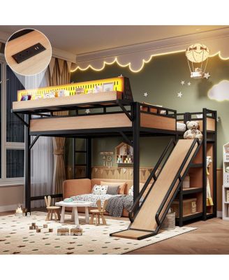 Queen Loft Bed with Slide, Storage, Wardrobe, USB, LED and Pegboard