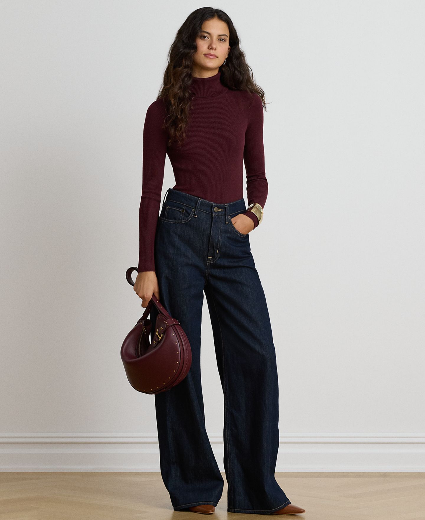 Женский свитер Lauren Ralph Lauren Petite Ribbed Slim-Fit Cotton-Blend Turtleneck, цвет: Тёмный гранатовый — фото 3