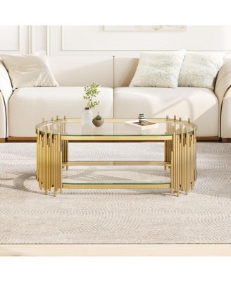 Luxury 2-Tier Oval Glass Coffee Table with Organ Pipe Design