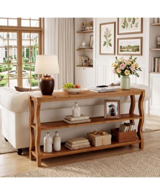 63" Solid Wood Console Table with 3-Tier Storage, Farmhouse Sofa Table Behind Couch