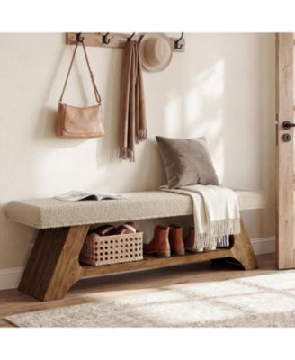 55" Solid Wood Shoe Bench with Cushion, 2-Tier Upholstered