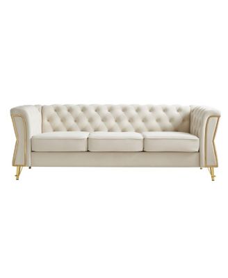 Modern Tufted Velvet Sofa 87.4 inch for Living Room Beige Color