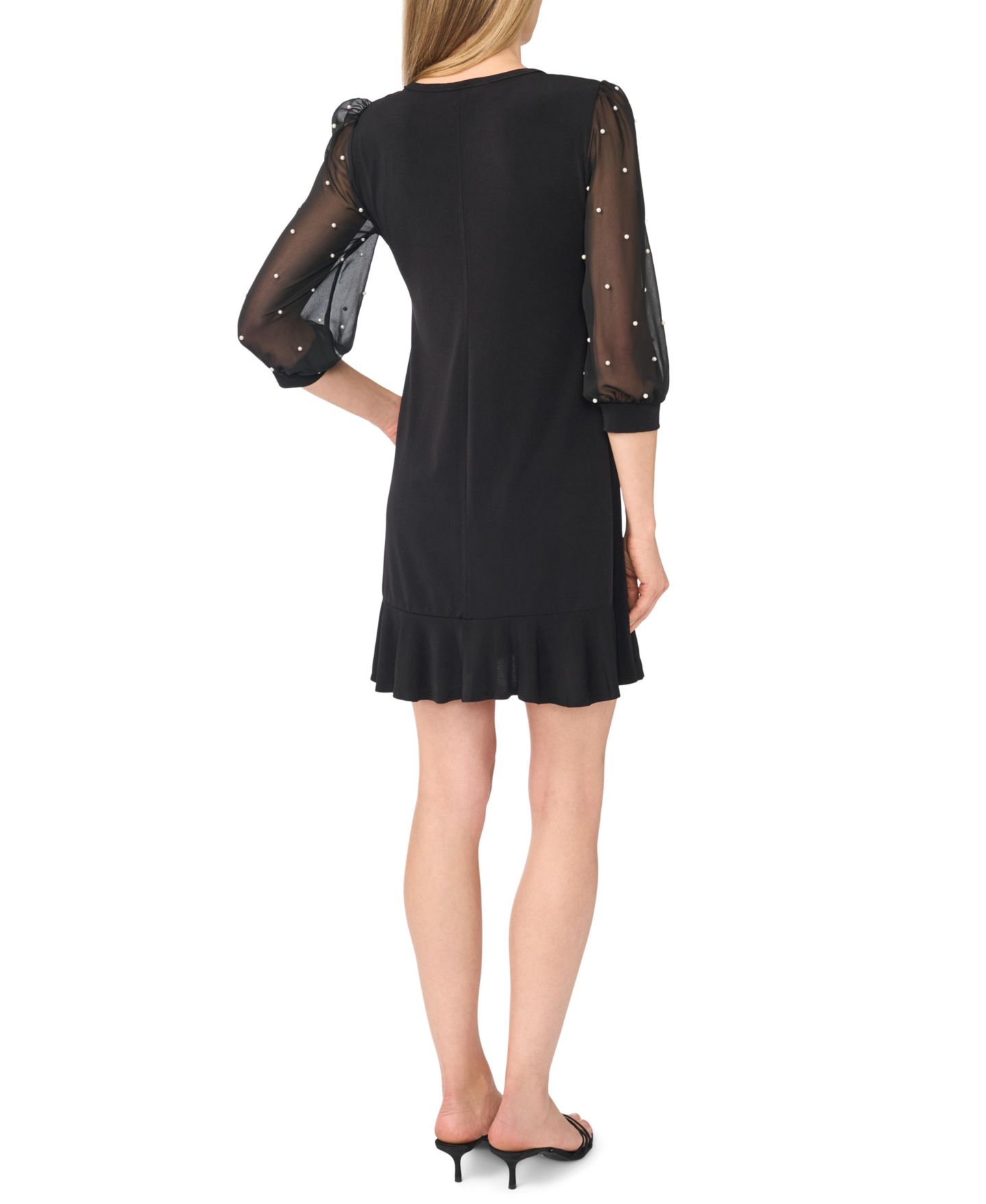 Женское платье CeCe Imitation Pearl Sleeve Mix Media Sheer Ruffled-Hem, цвет: Насыщенный чёрный — фото 3