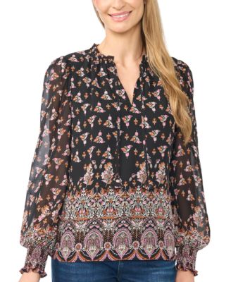 Women's Long-Sleeve V-Neck Smocked Cuff Ruffle Blouse