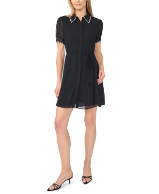 Women's Contrast Stitch Short-Sleeve Scallop Mini Dress With Tie Waist