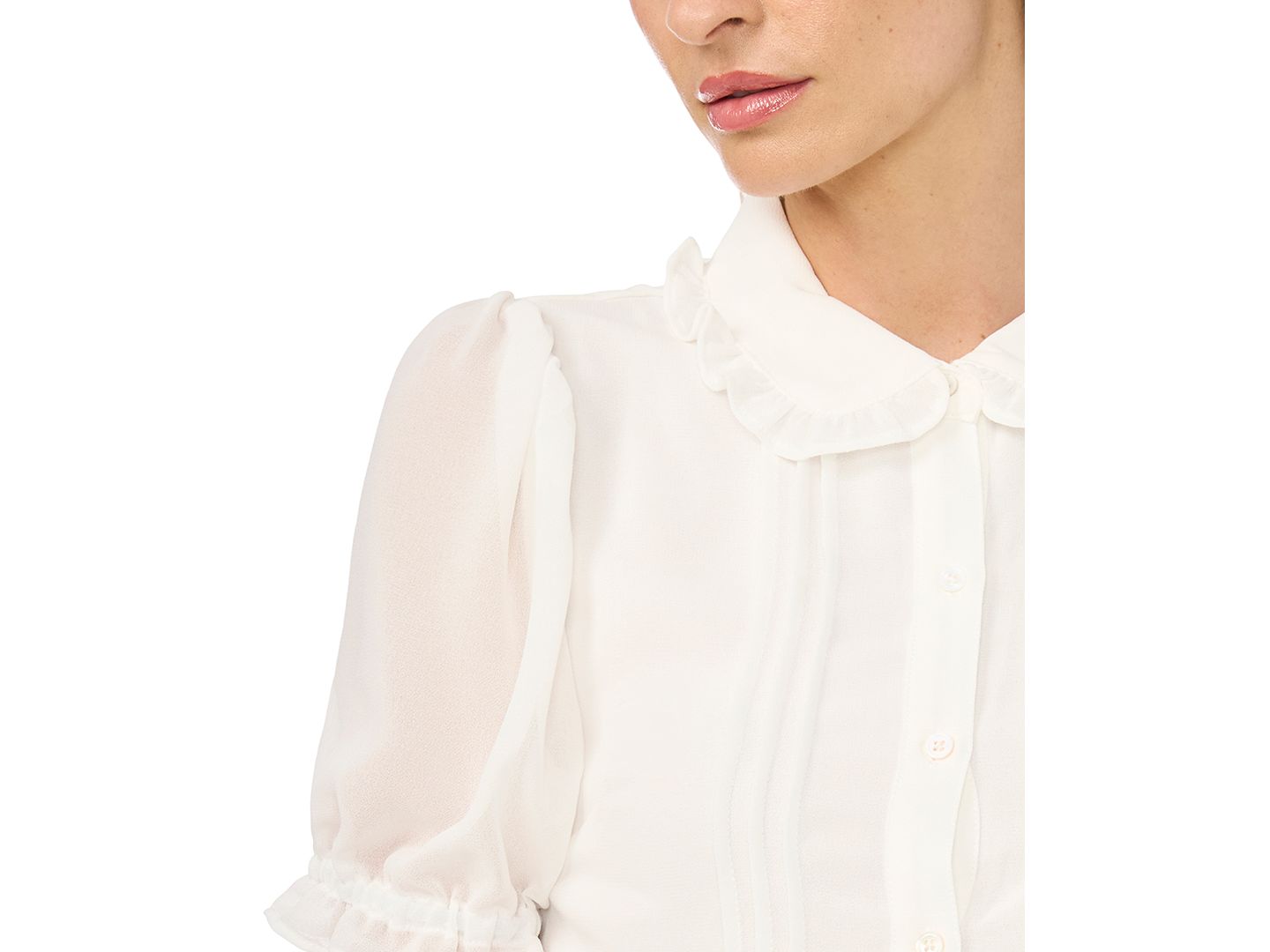 Женский топ CeCe Short-Sleeve Cropped Buttoned Top With Ruffle Collar and Pintucks Blouse, цвет: Слоновая кость — фото 3