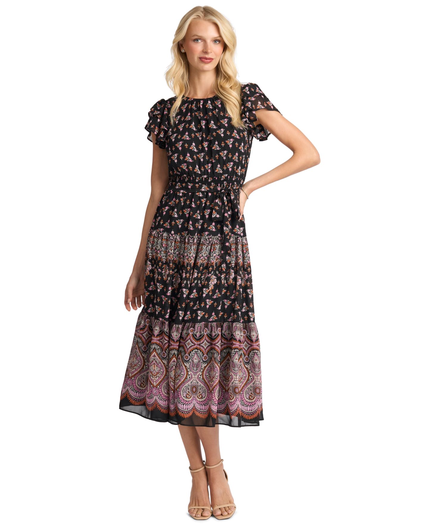 Женское платье CeCe Flutter-Sleeve Tie-Waist Midi, цвет: Насыщенный чёрный — фото 3