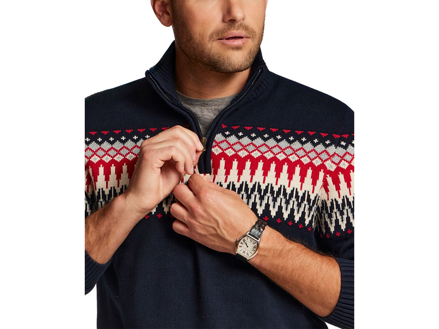 Мужской свитер Weatherproof Vintage Nordic Yoke Quarter-Zip, цвет: Тёмный тёмно-синий — фото 4