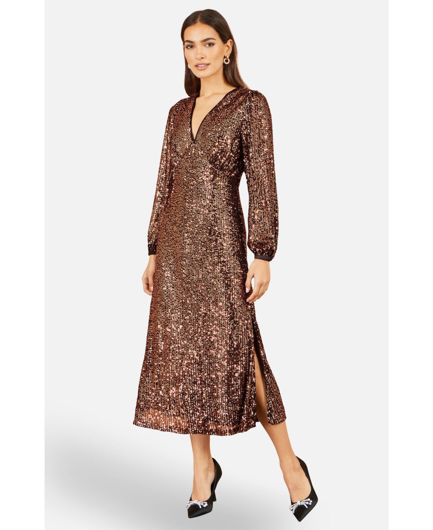 Женское платье Yumi Sequin A-Line V-Neck Midi, цвет: Медный — фото 4