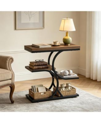 Narrow Side Table with 4-Tier Storage Shelf Industrial Rectangle End Table with Metal Frame for Couch,Living Room Small Spaces