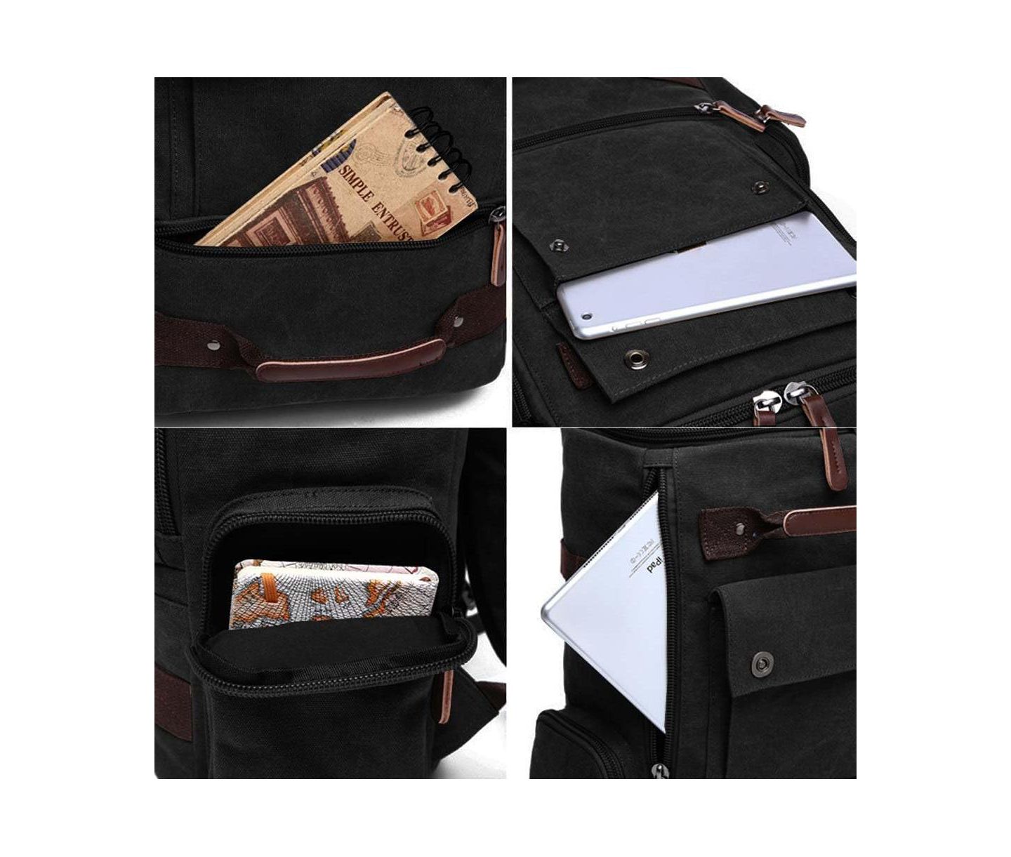Женская сумка Piscifun Canvas Leather Accent Travel Rucksack Laptop Daypack Hiking Camping, цвет: Чёрный — фото 4