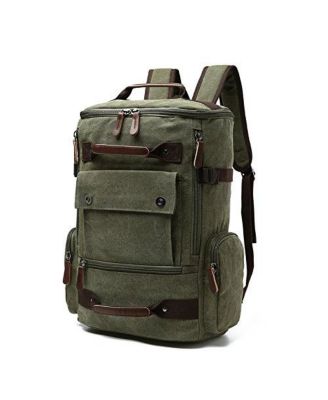 Canvas Leather Accent Travel Rucksack Laptop Daypack Hiking Camping Bag