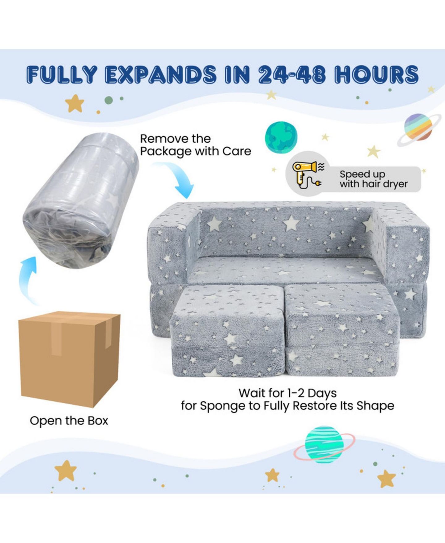 Детская игрушка HONGGE Modular 2-Seater Flannel Play Couch, Ages 3+, цвет: Серый с принтом — фото 5