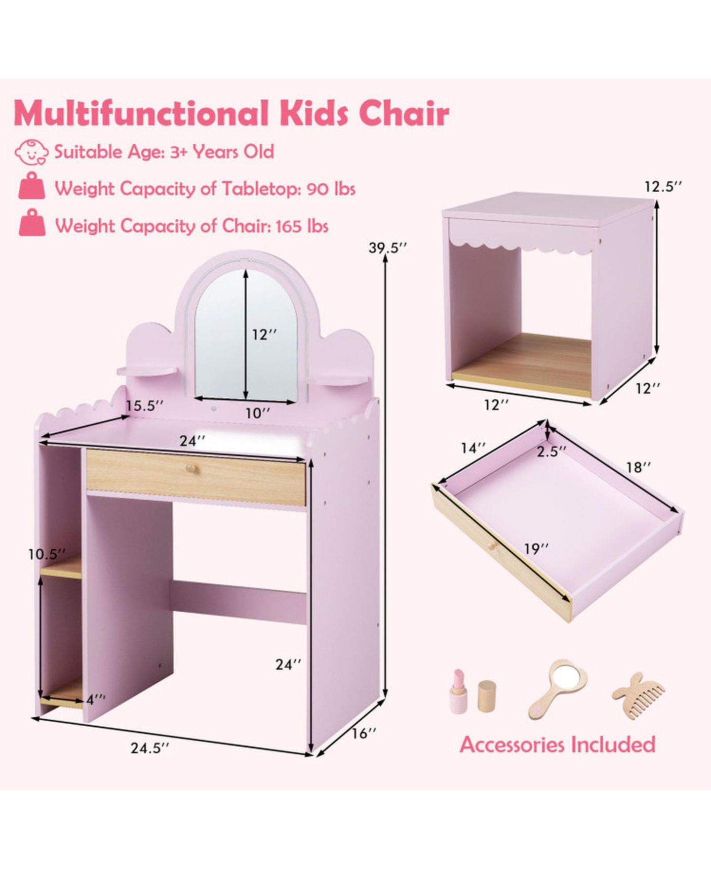 Детские игрушки HONGGE Lighted Makeup Mirror 2-Piece Vanity and Chair Set, Ages 3+, цвет: Розовый / Коричневый — фото 3