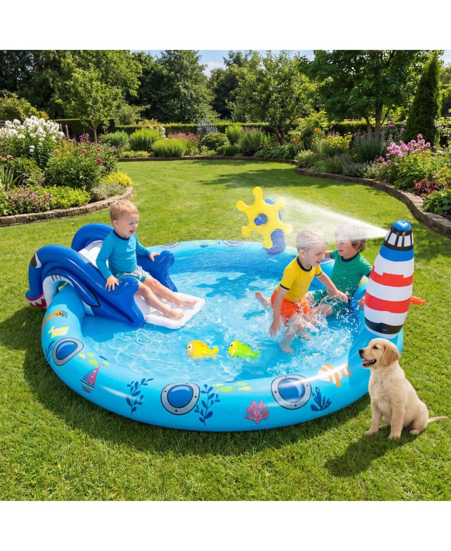 Детская игрушка HONGGE Marine Life Inflatable Spray Pool Play Center with Shark Slide, 74"L x 60.2"W x 24.8"H, 43-Gallon Capacity, Ages 2+, цвет: Океанский синий — фото 2