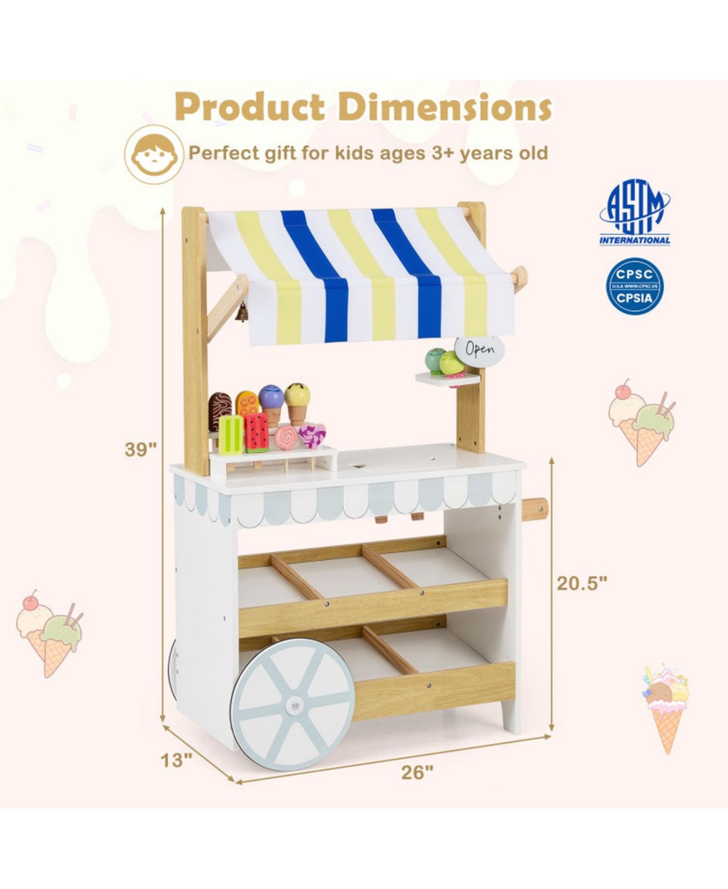 Детский игровой набор HONGGE 2-in-1 Wooden Ice Cream Cart and Grocery Store Playset for Kids, цвет: Белый — фото 3