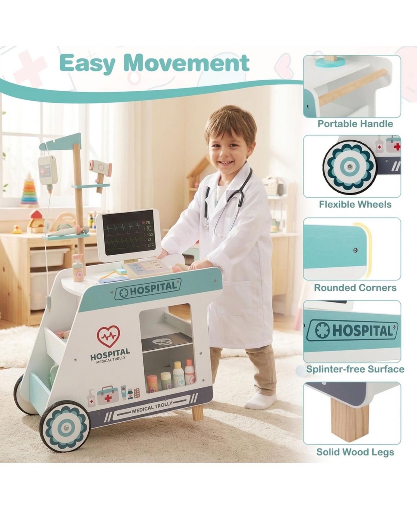 Детский игровой набор HONGGE Doctor CT Scanner Rolling Cart Wooden Playset, Ages 3+, цвет: Зелёный / Розовый — фото 2