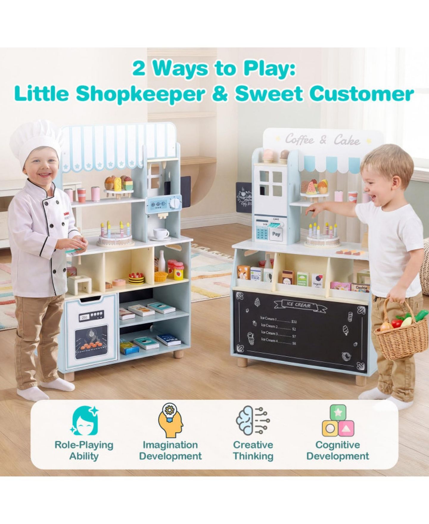 Детский игровой набор HONGGE Wooden Ice Cream Shop 27-Piece Playset, Ages 3+, цвет: Синий / Розовый — фото 4