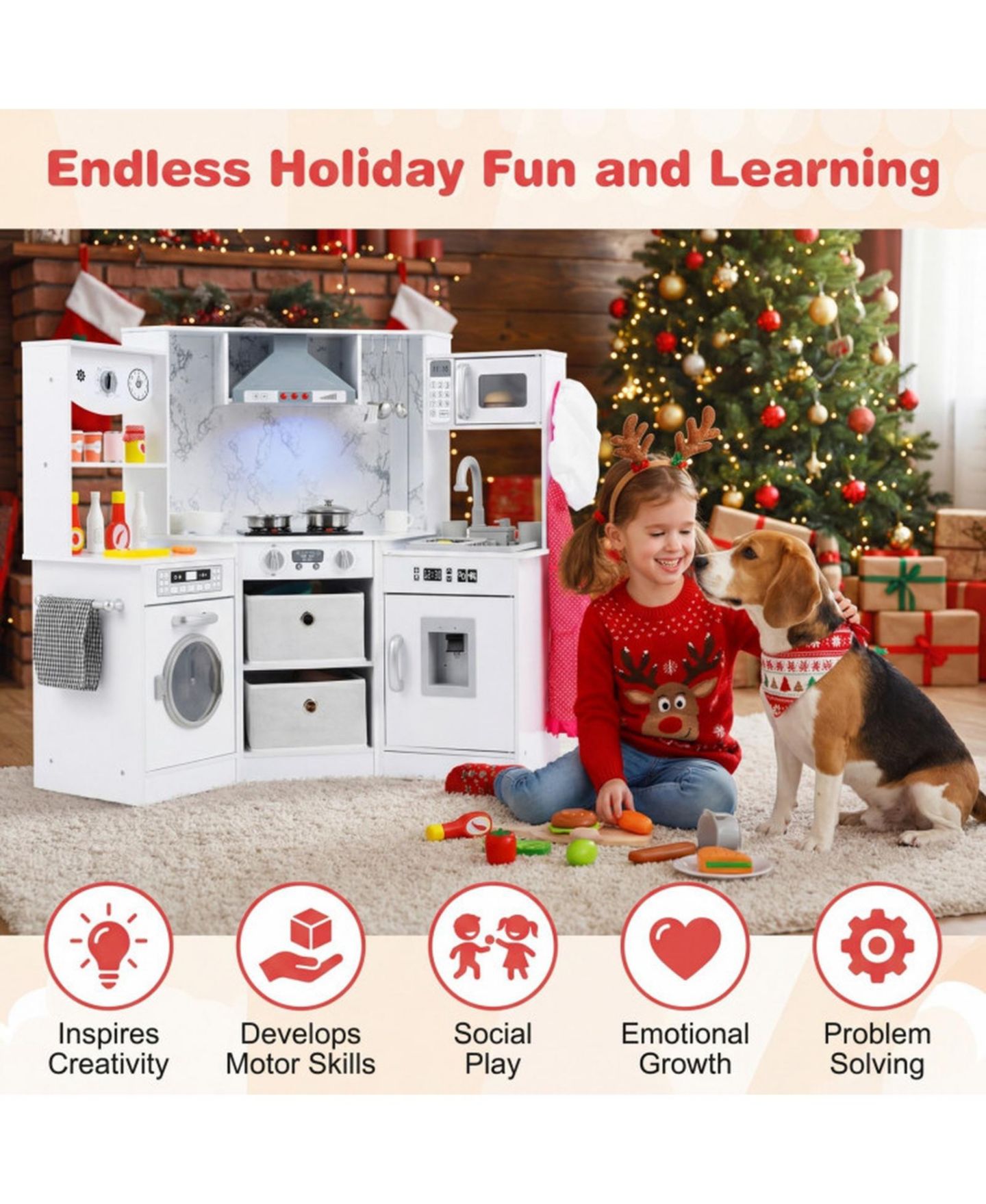 Детская игрушка HONGGE Wooden Kids Play Kitchen with Water Circulation Sink and Sounds, цвет: Серый / Кофейный — фото 9
