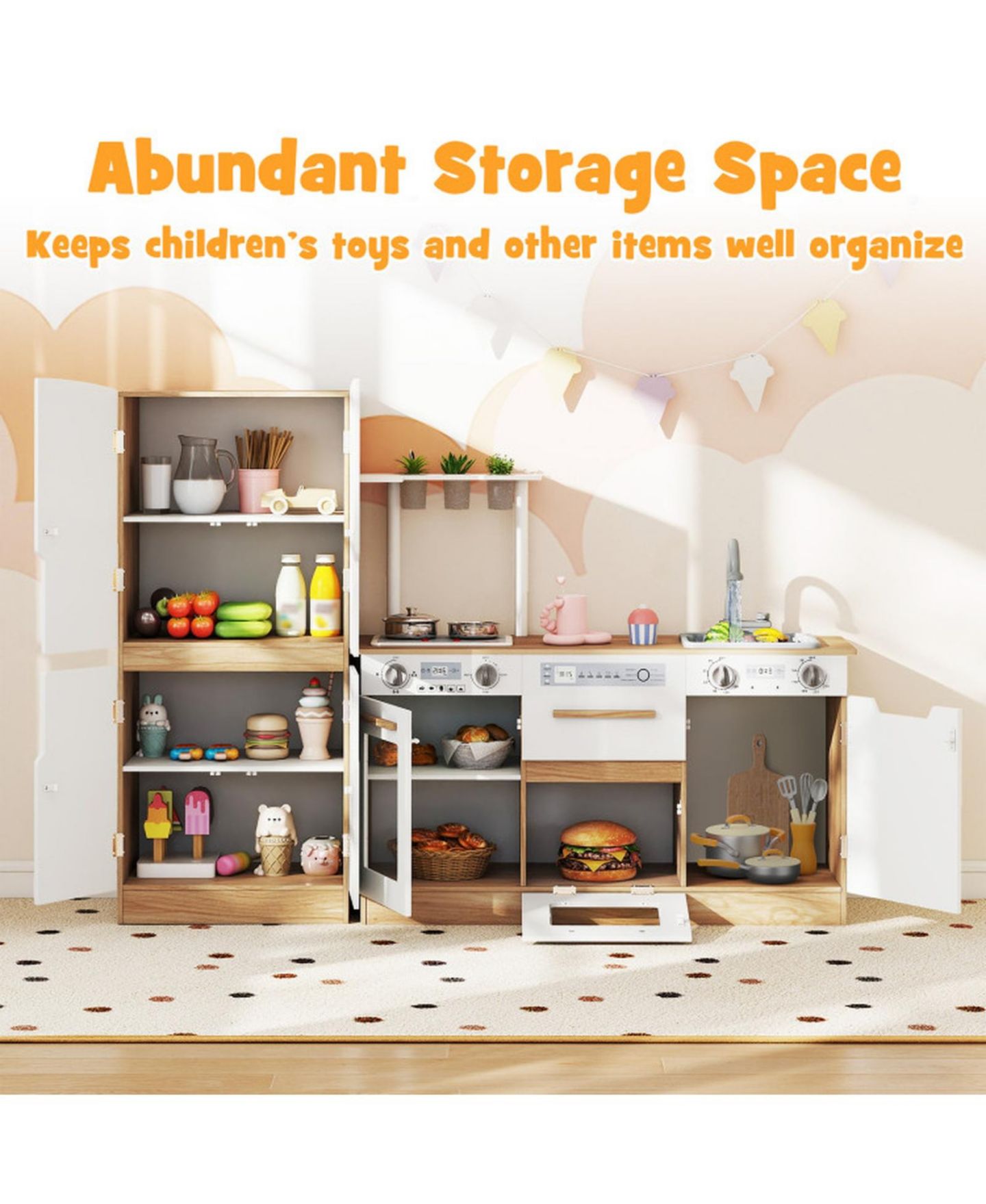 Детский игровой набор HONGGE 2 Piece Wooden Kids Kitchen Playset with Fridge and Planters, цвет: Натуральный / Белый — фото 9
