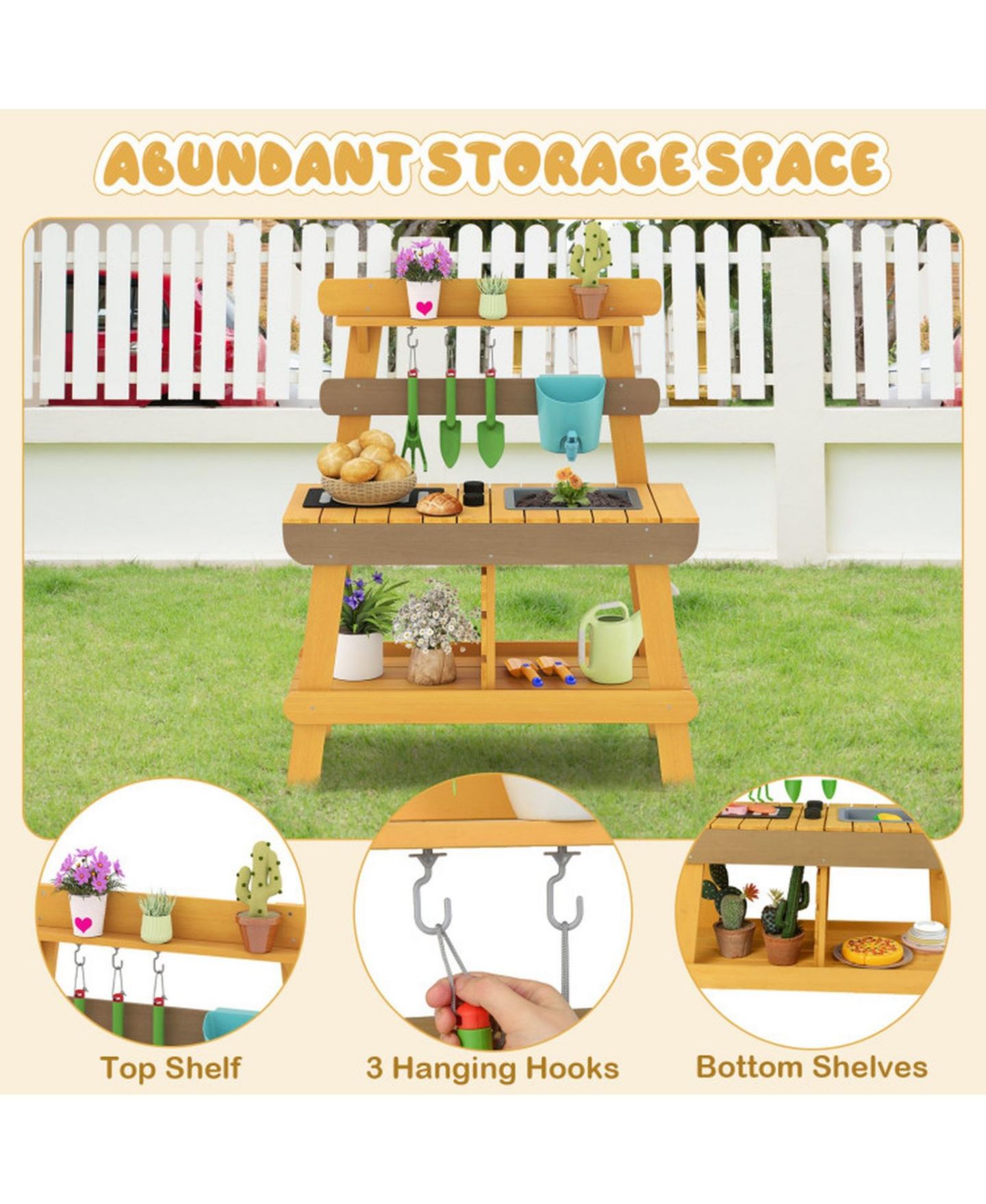 Детская игрушка HONGGE Outdoor Wooden Mud Kitchen with Grill Rack and Garden Tools, цвет: Однотонный — фото 7
